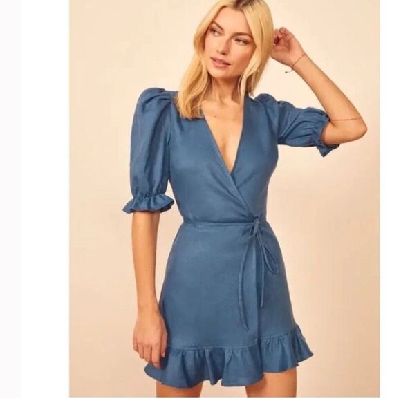 Reformation Carmelo Ruffled Wrap Mini Dress Blue 100% Linen Small - Picture 1 of 8